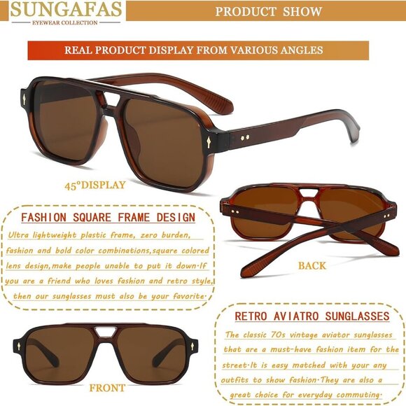 Retro Square Aviator Sunglasses Women Men Vintage 70s Fashion UV Protection - Picture 5 of 6